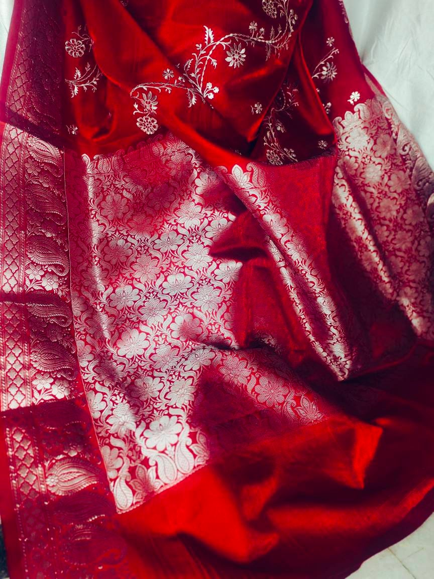 Red Satin Silk Saree Embroidered Border With Unstitched ( customised ) blouse Thread work Banarsi Saree Gift For Her Perfect For Wedding
