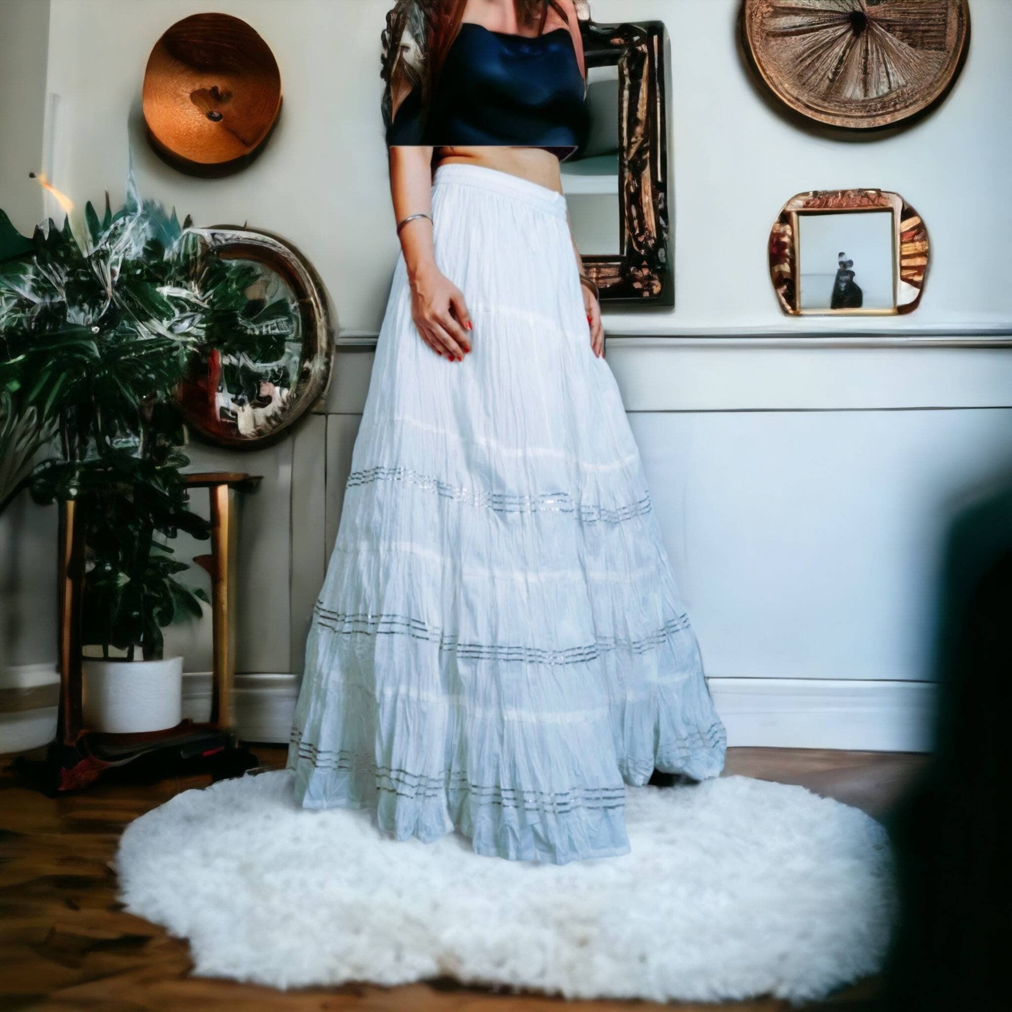 White Pure Cotton Full Length Skirt  White and Sliver Gottapatti Work Cottan Midi White Denim Shirt women Ethnic Flared Skirt Printed A Line