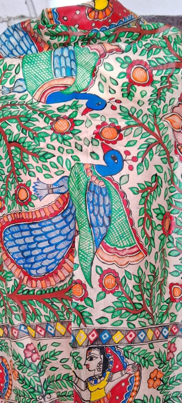 Beige Silk Hand-painted Madhubani Art Dupatta Featuring Peacock Krishna Radha Gopi Nature Forest Flowers River Floral Designs Gift for her