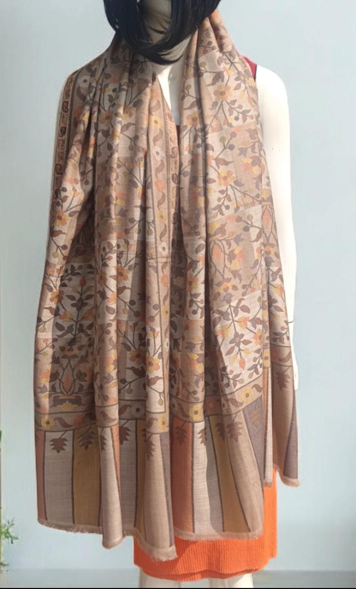 100% Pure Cashmere Pure Pashmina Beige Fully Embroidered Using Silk Thread Floral Pattern Hand Woven Hand Work Woollen Thread Pattern Shawl