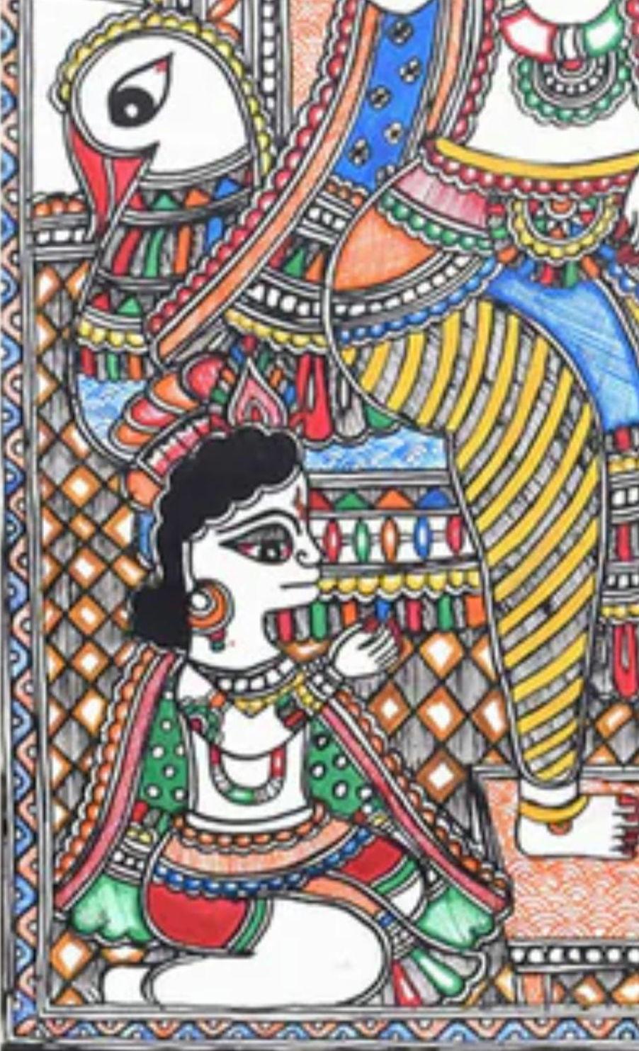 Mithila Madhubani Handpainted Wall Painting Wall Decor Featuring Ram Darbar Design With Brown Wooden Frame Canvas Painting Beautiful Paint