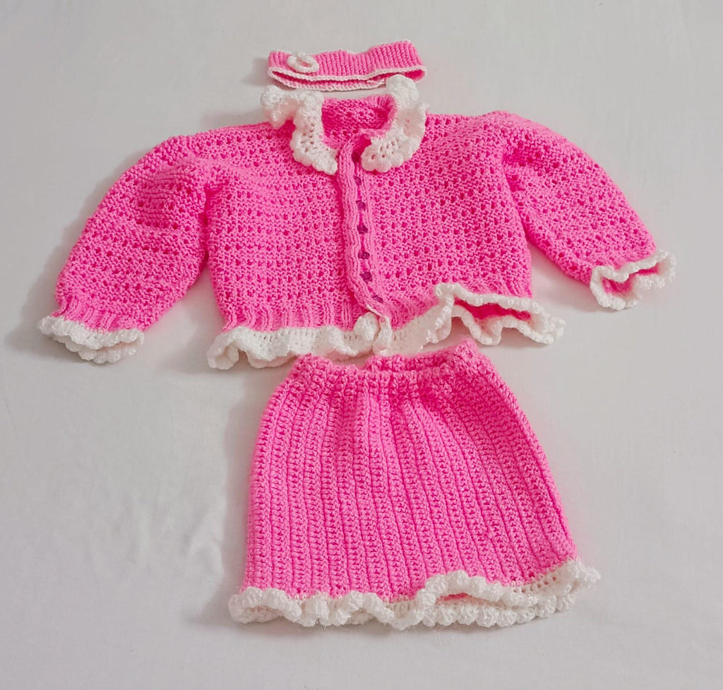Pink White Woollen Kids Co-ord Sweater Skirt Crochet Pattern Buttoned Sweater Elastic Skirt Easy to Wear Soft Touch Lightweight Comfortable