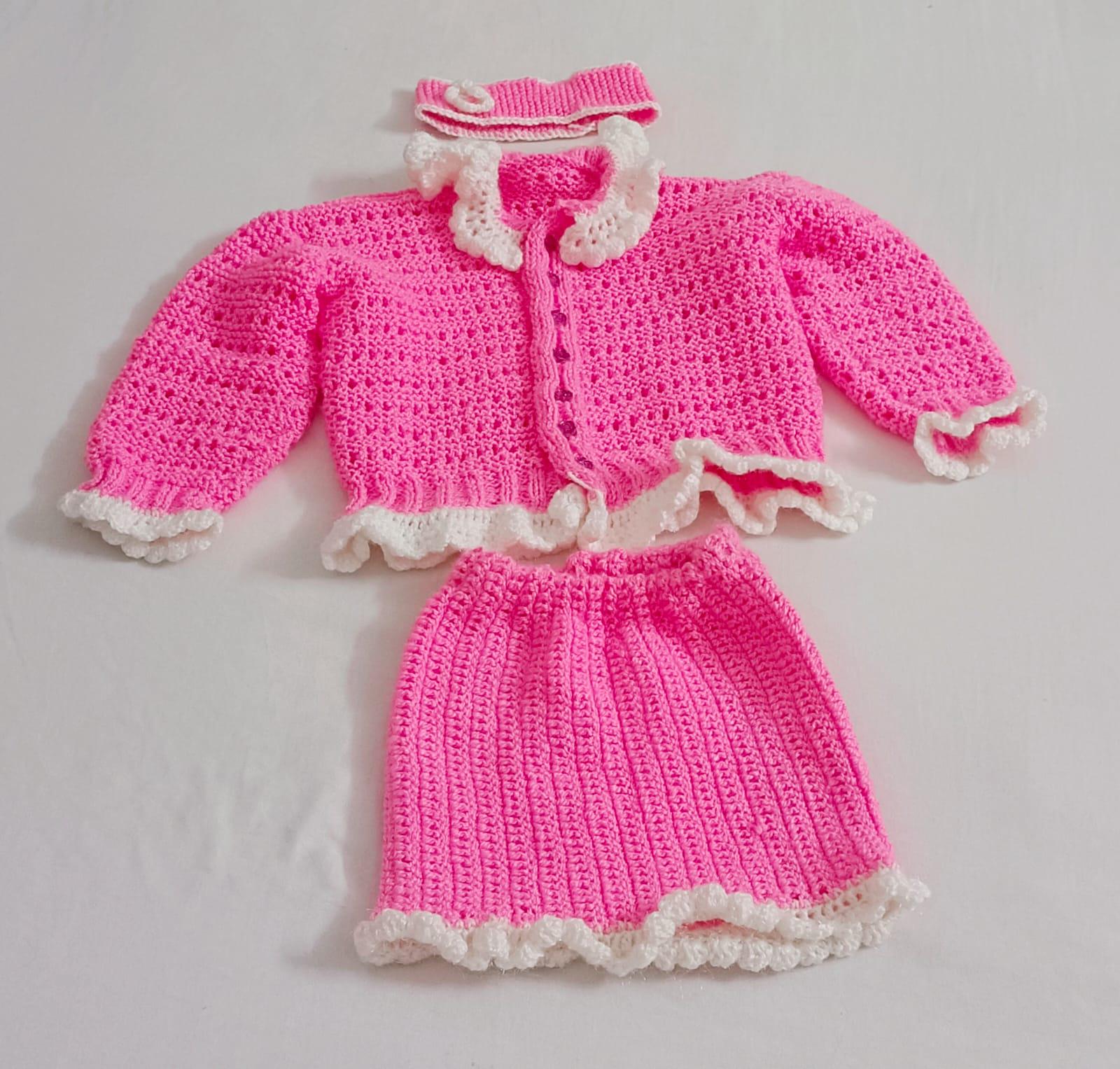 Pink White Woollen Kids Co-ord Sweater Skirt Crochet Pattern Buttoned Sweater Elastic Skirt Easy to Wear Soft Touch Lightweight Comfortable