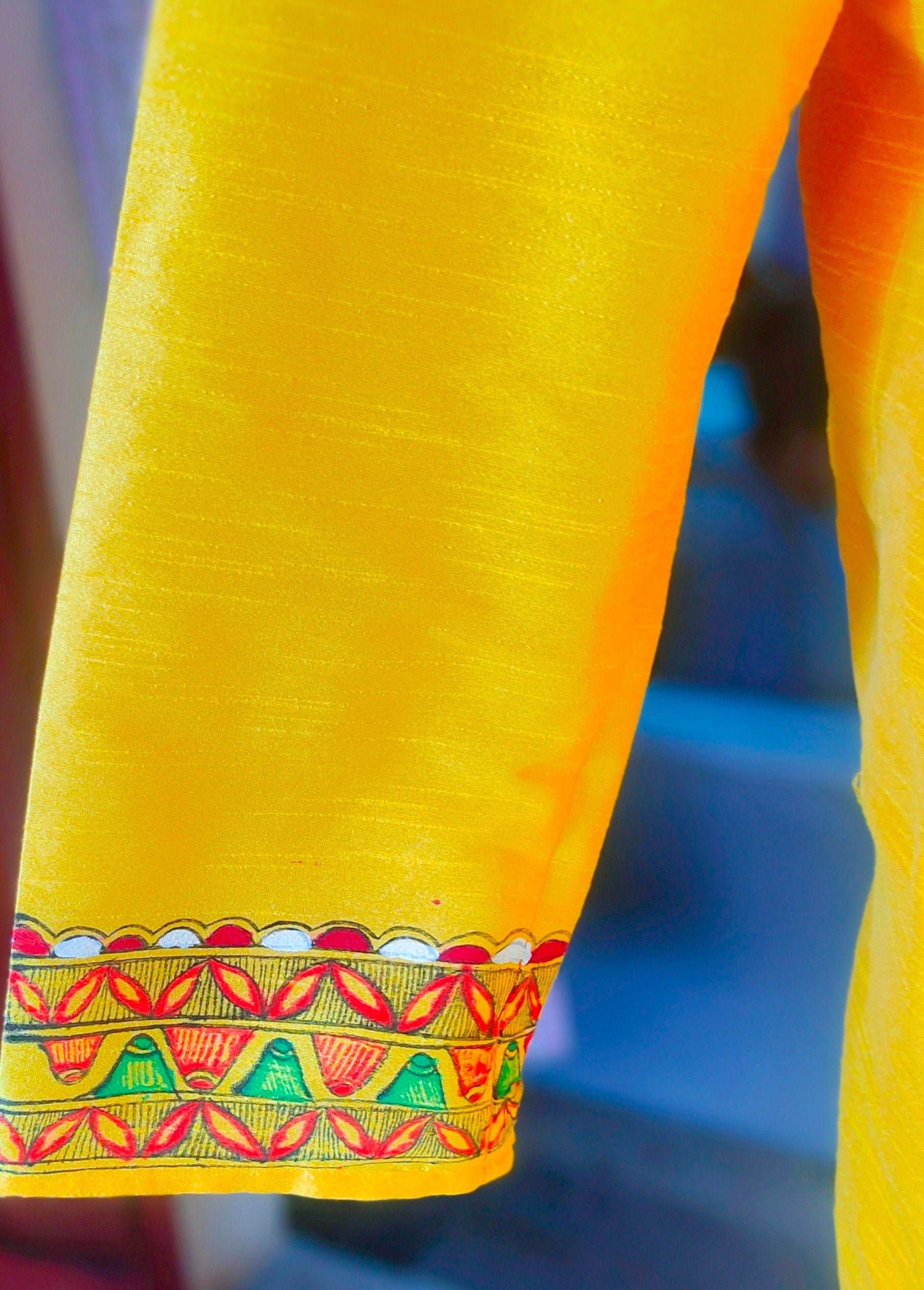 Yellow Silk Handmade Madhubani Mithila Painted Traditional Dhoti Kurta For Men Bohemian Look Stitched Elastic Dhoti Stitched Kurta Wedding