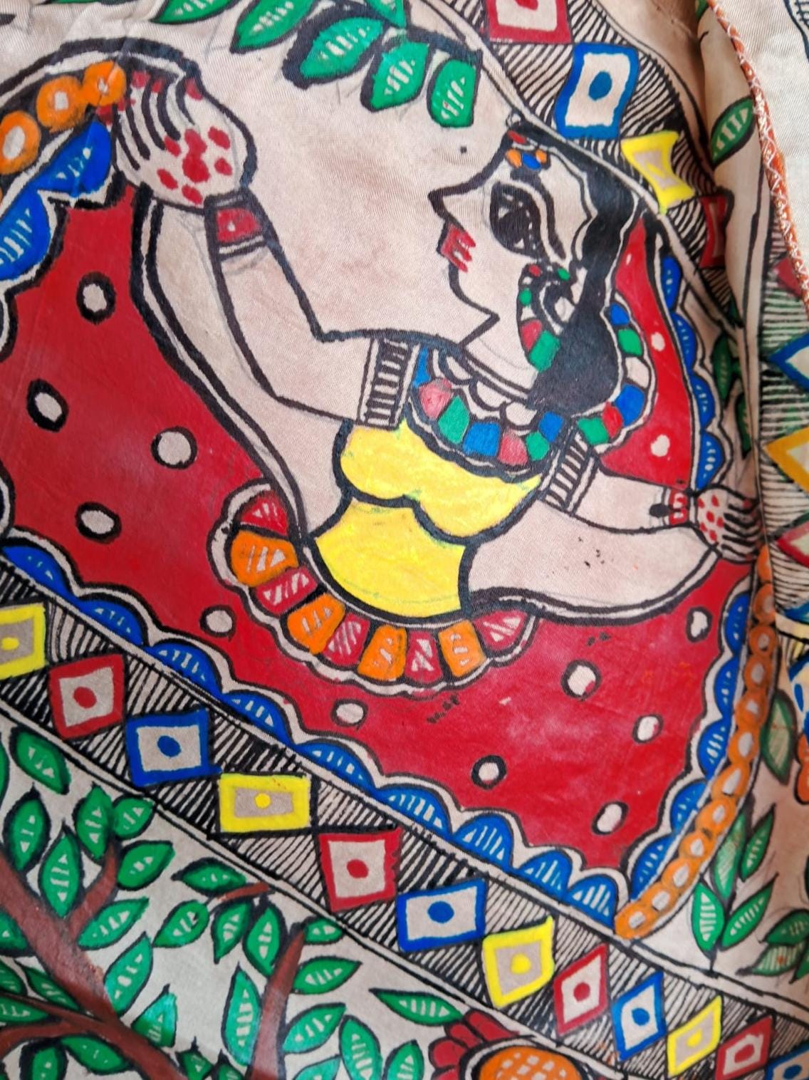 Beige Silk Hand-painted Madhubani Art Dupatta Featuring Peacock Krishna Radha Gopi Nature Forest Flowers River Floral Designs Gift for her