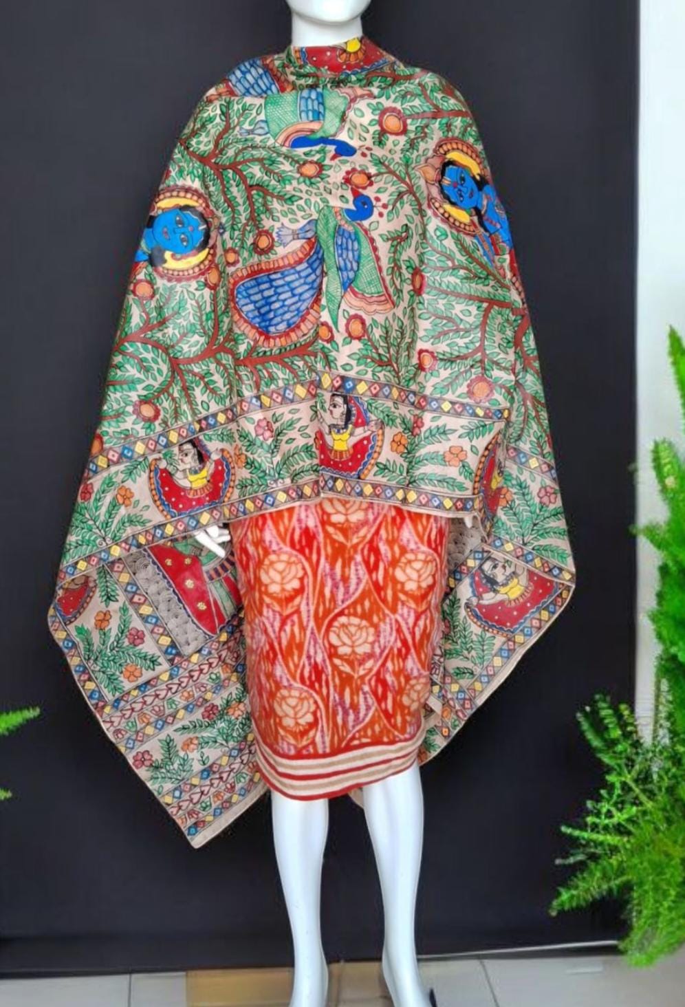 Beige Silk Hand-painted Madhubani Art Dupatta Featuring Peacock Krishna Radha Gopi Nature Forest Flowers River Floral Designs Gift for her