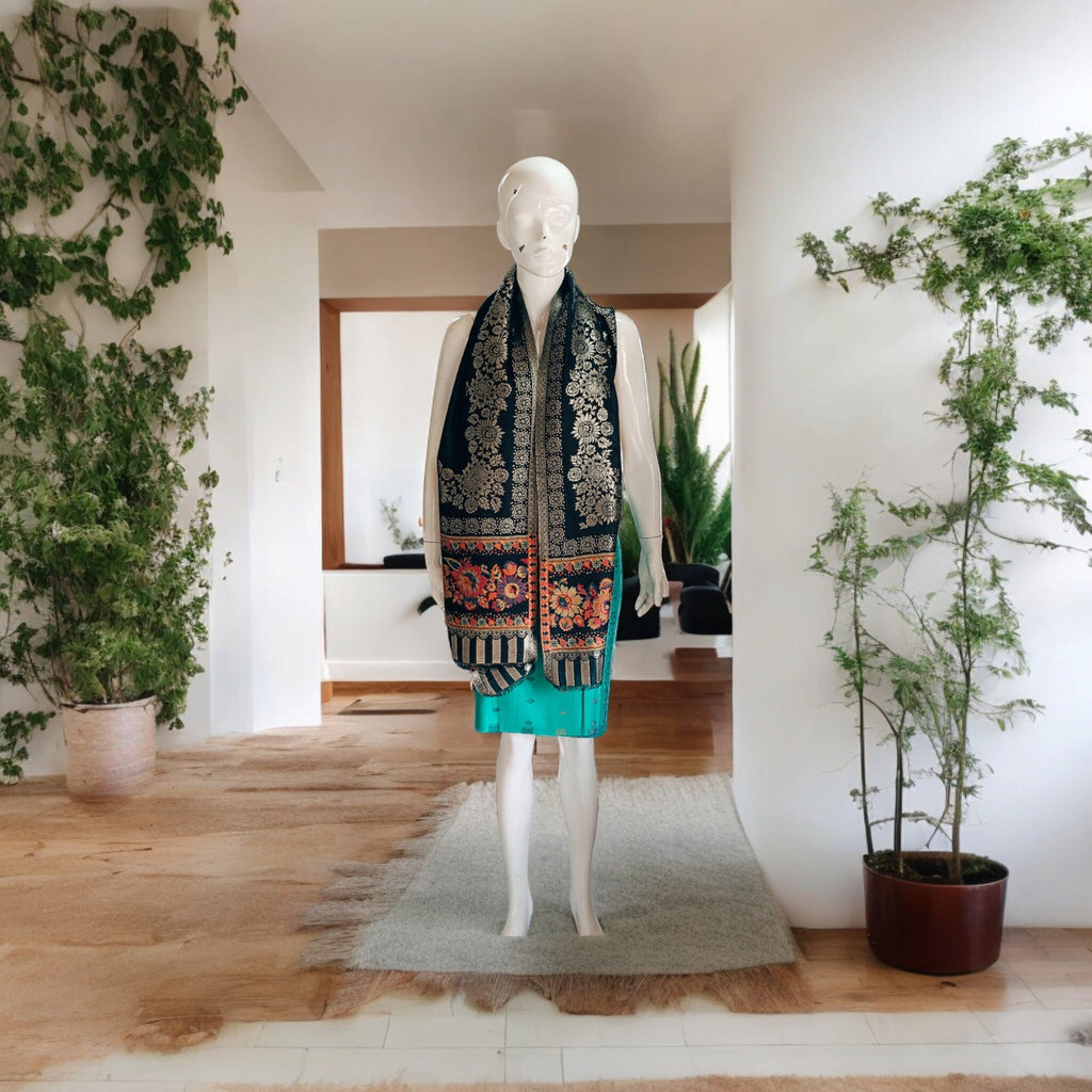 100% Pure Pashmina Cashmere Black Scarf/Shawl/Dupatta Multicolour Golden Handwoven Lightweight Soft touch Bollywood Bohemian Florals