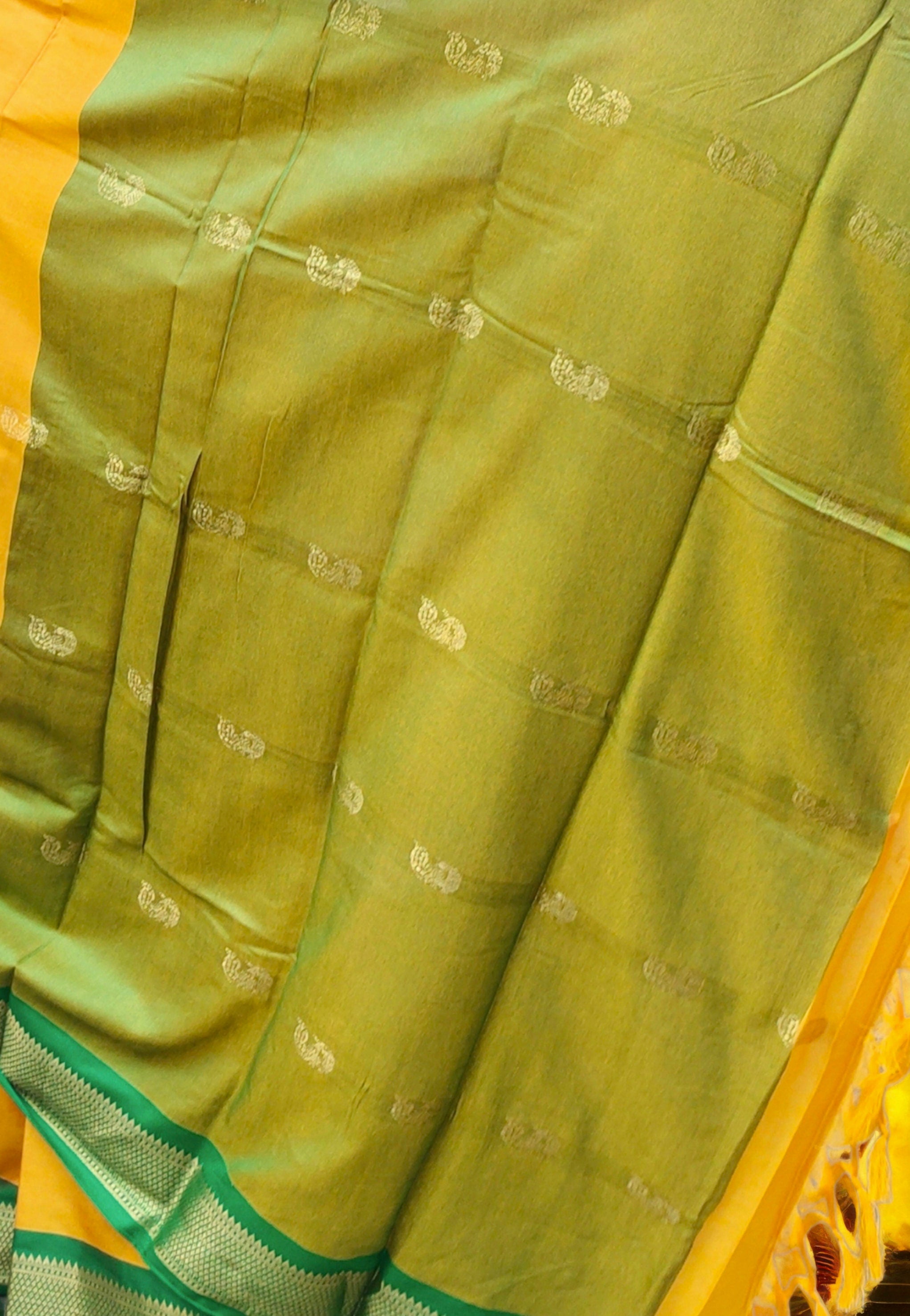 Yellow Green Silk Zari Border Saree With Green Unstitched Blouse Bollywood Wedding Indian Saree For women Girls Diwali Teej Durga Puja