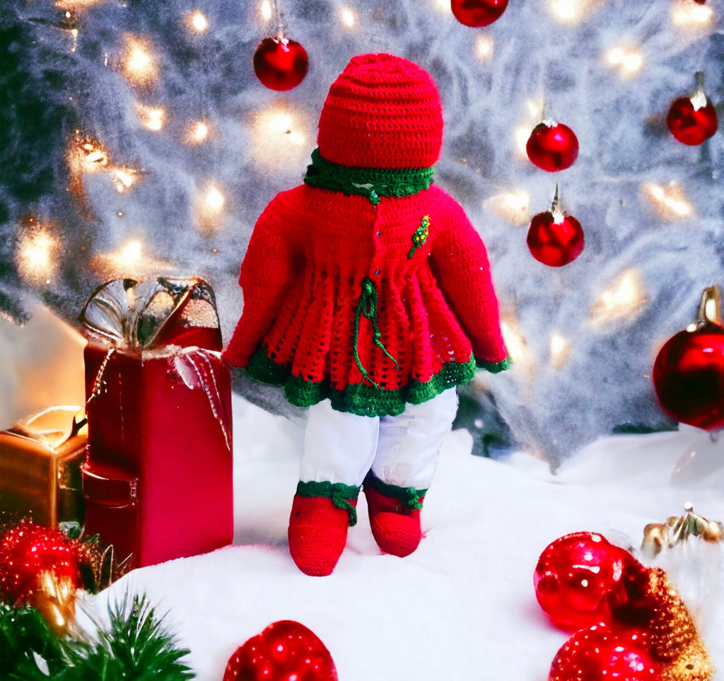 Handmade Woollen Red Green Crochet Dress For kids With Woollen Matching Beanie/Cap And Woollen Shoes Christmas Dress Christmas Party Winter