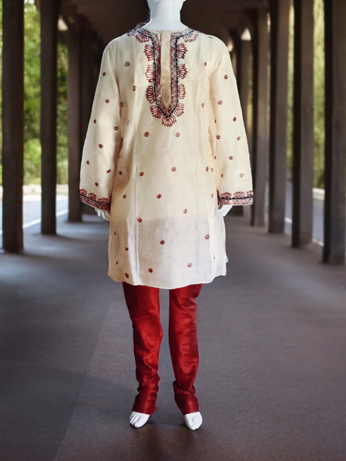 Beige Pure Silk Hand Painted Madhubani Kurta Lotus Flower Design Pattern Wedding Edition Indian Anniversary Floral Aesthetic Vintage Ethnic