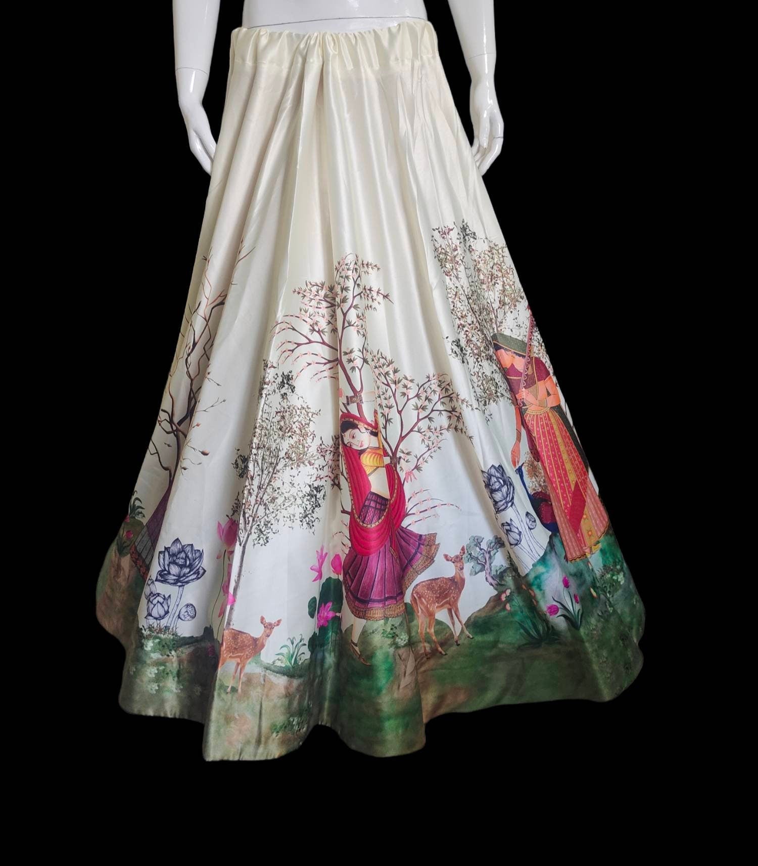 Satin off white skirt with digital print with linen stitched long skirt modern Bollywood traditional Ethnic colourful portrait design trees