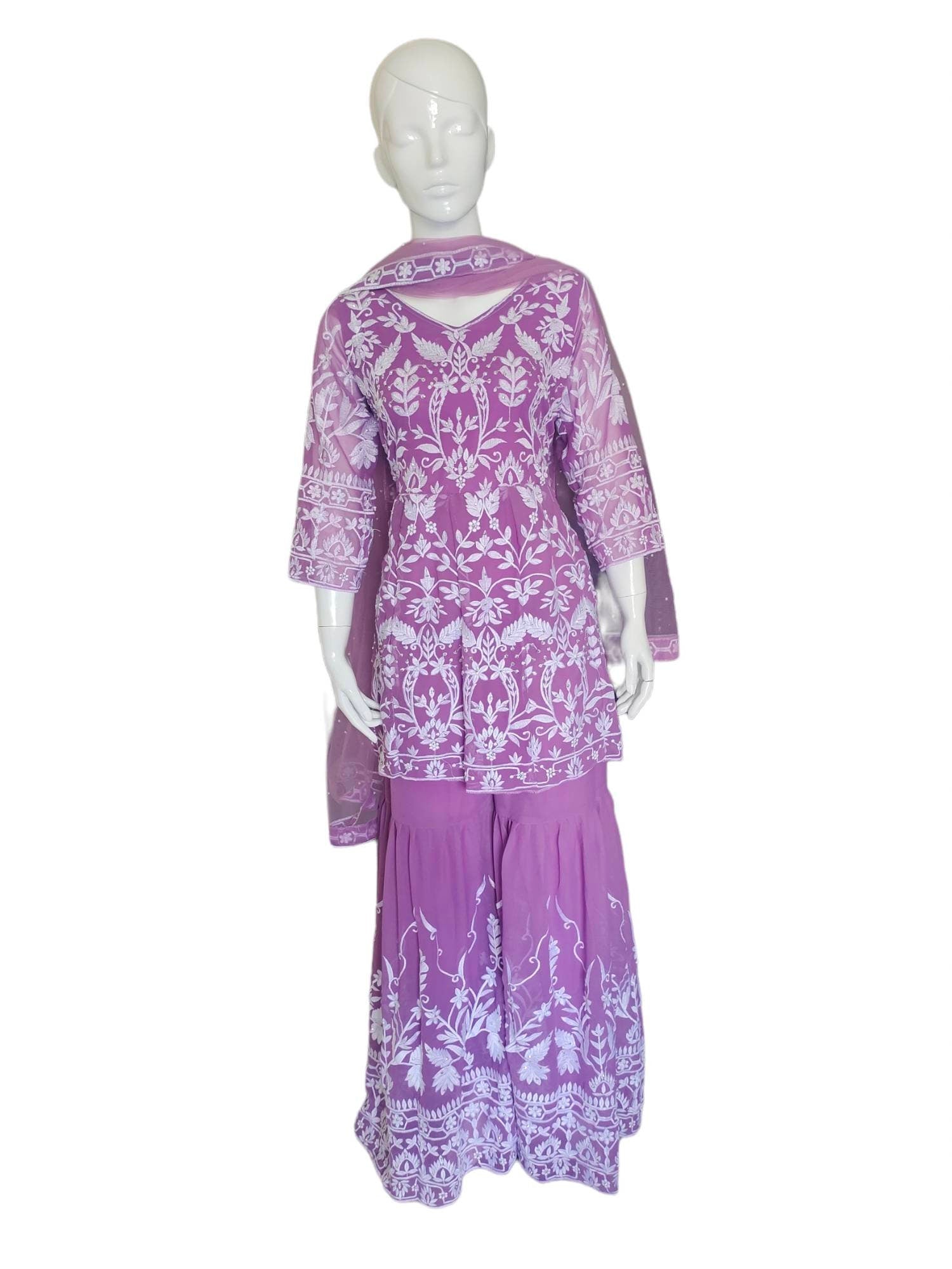 Lavender/Purple/Violet Pure Georgette Net Sharara Set White Silk Thread And Sequence Work Pearl Work With Net Lavender Dupatta Floral Design