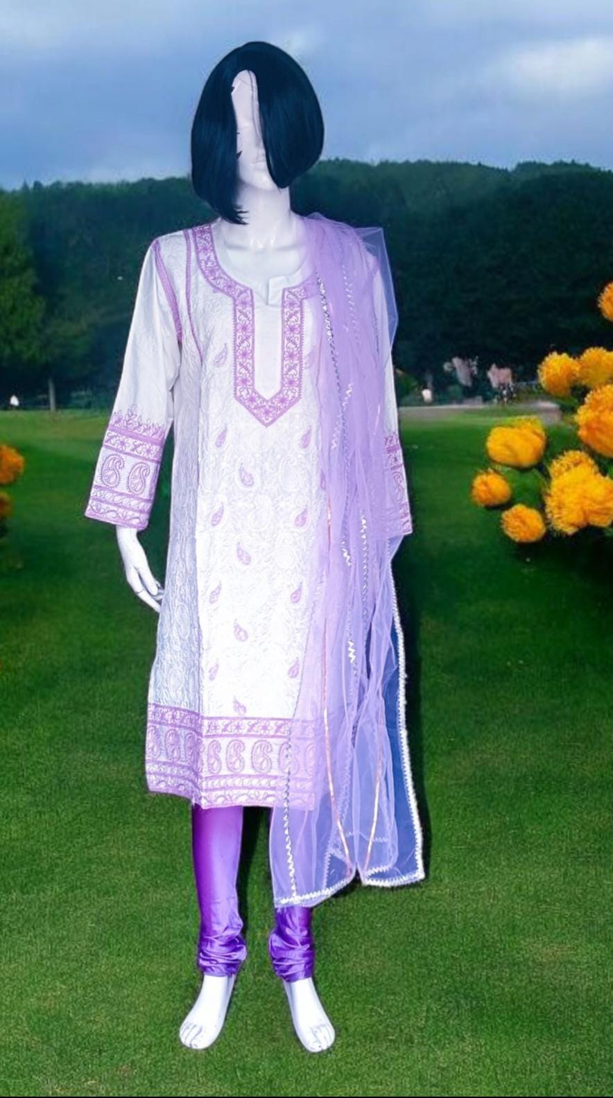 Set of 3 White Lavender Cotton Silk Chikankari With Beads Work Handmade Kurta Satin Pajama With Elasticity And Net Sheer Lavender Duppata