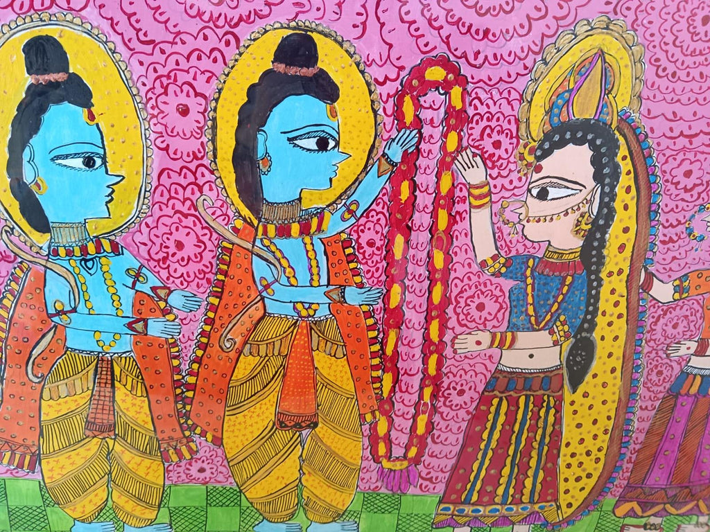 Handmade Madhubani Painting of Lord Ram and Sita Swayamvar Traditional Indian Folk Art Vibrant Cultural Wall Décor Framed Orginal Artwork
