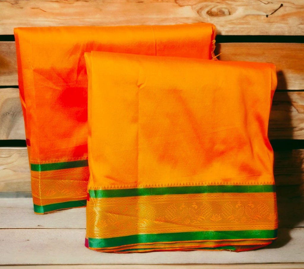 Orange Silk Red Green Golden Zari Border Dhoti Towel Set For Men 3.5 metres length of dhoti 2 meters length of towel South Indian Tamil