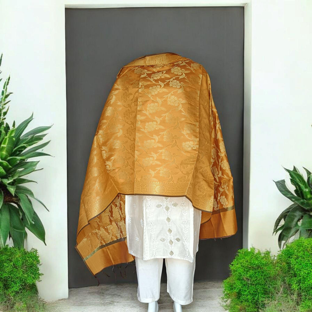 Mustard Gold Banarasi Silk Brocade Dupatta Handwoven Indian Elegance Zardozi Work Regal Charm Wedding Puja Navratri Special Gift for her