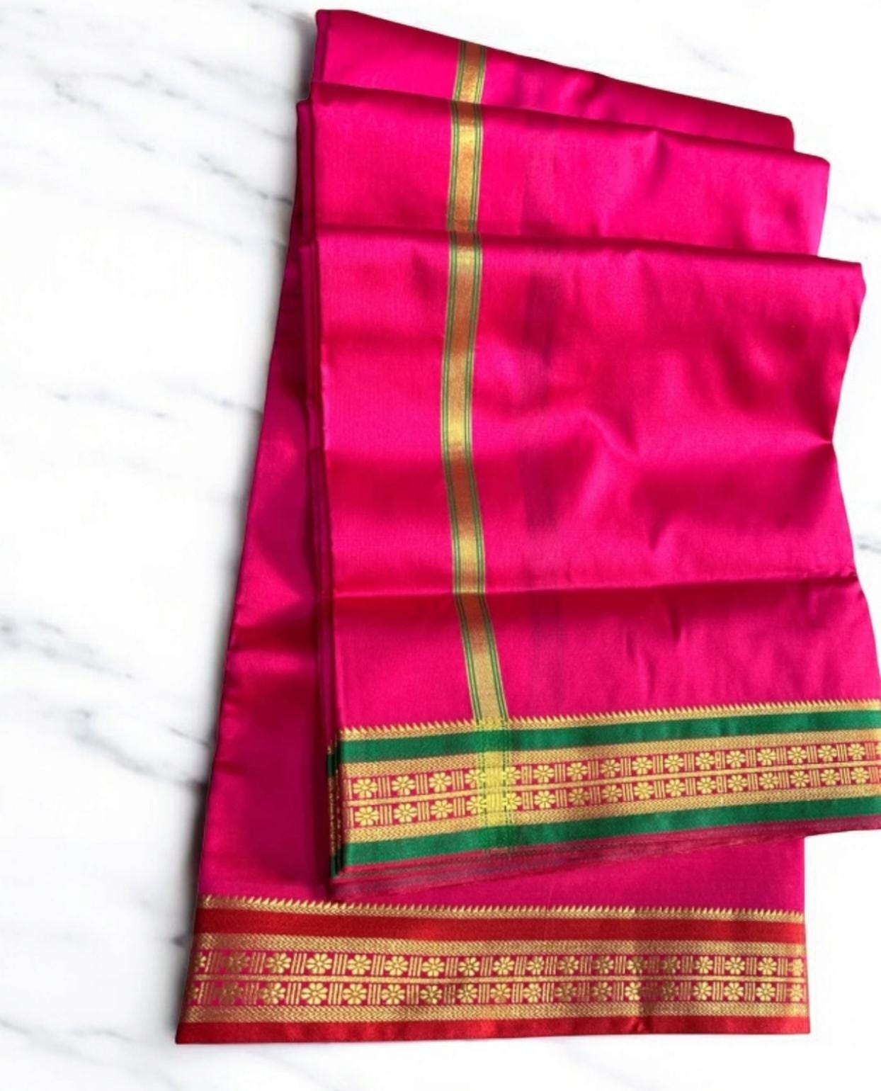 Pink Silk Red Green Golden Zari Border Dhoti Towel Set For Men 3.5 metres length of dhoti 2 meters length of towel South Indian Tamil