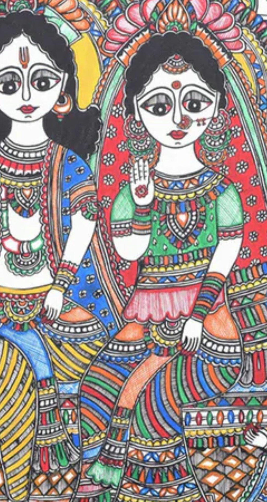 Mithila Madhubani Handpainted Wall Painting Wall Decor Featuring Ram Darbar Design With Brown Wooden Frame Canvas Painting Beautiful Paint