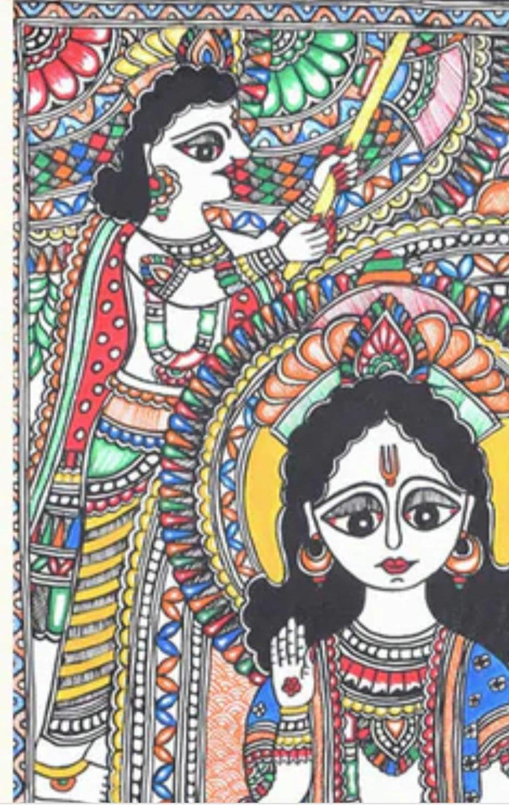 Mithila Madhubani Handpainted Wall Painting Wall Decor Featuring Ram Darbar Design With Brown Wooden Frame Canvas Painting Beautiful Paint