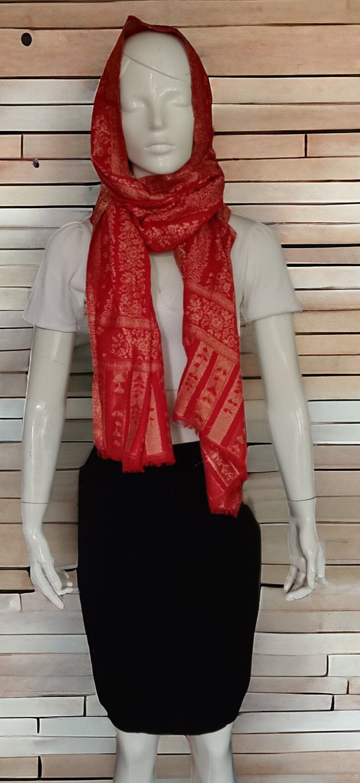 Red Golden Zari Work Cashmere Stole/Shawl/Scarf Luxurious Stall Designer Lightweight Winter Outfit Minimalist Look Neck Warmer Bridal Look