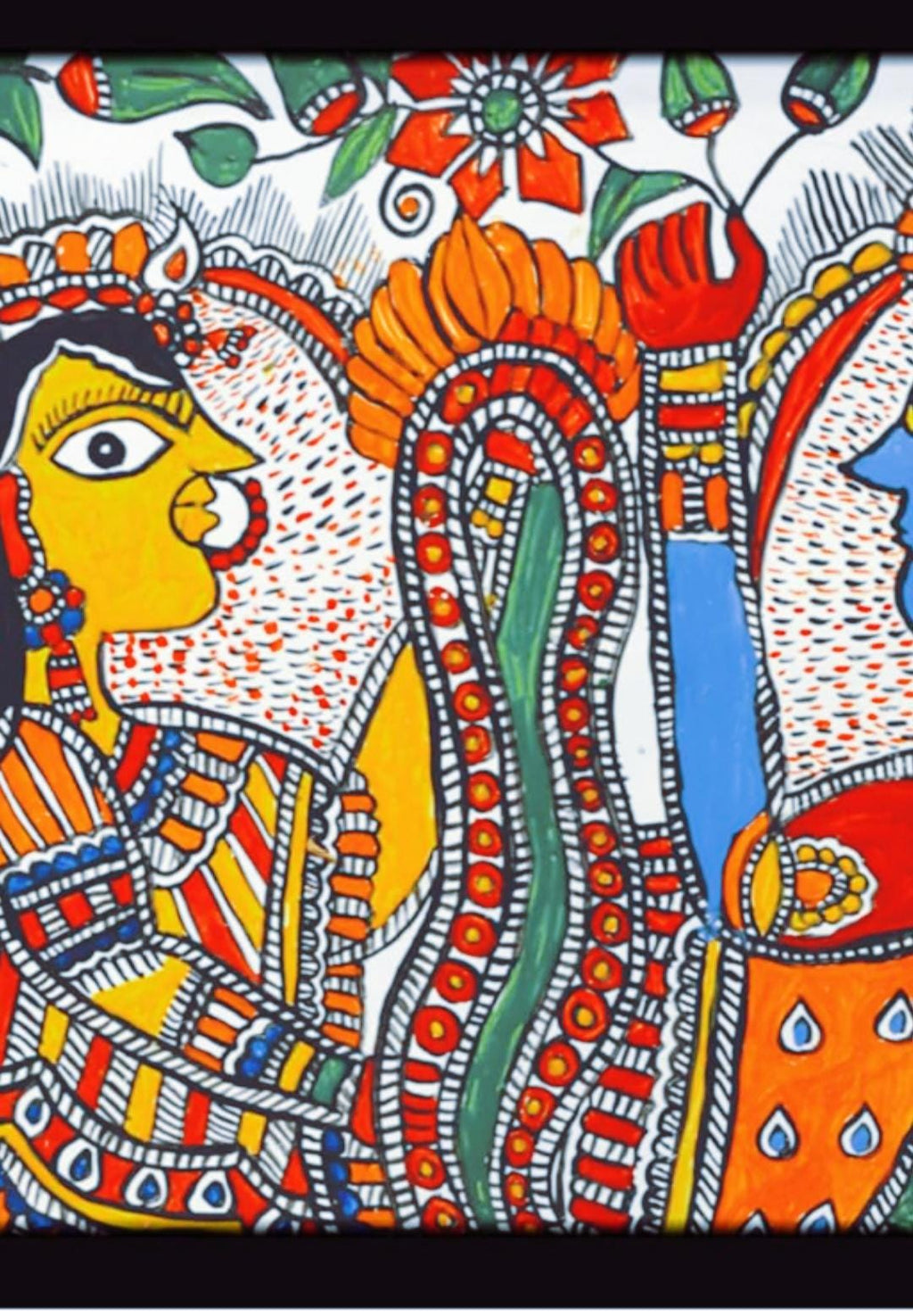 Mithila Madhubani Handpainted Wall Painting Wall Decor Featuring Ram Darbar Design With Brown Wooden Frame Canvas Painting Beautiful Paint