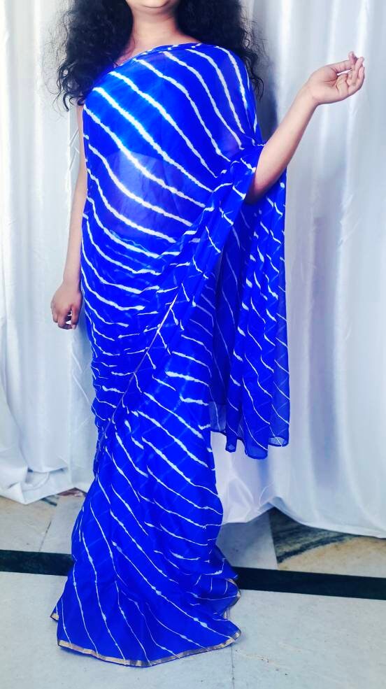 Dark Blue Chiffon Jaipuri Bandhani Saree With Crape Blue Unstitched ( customised )Blouse Jaipuri Saree Rajasthani Saree Tie and Dye Saree
