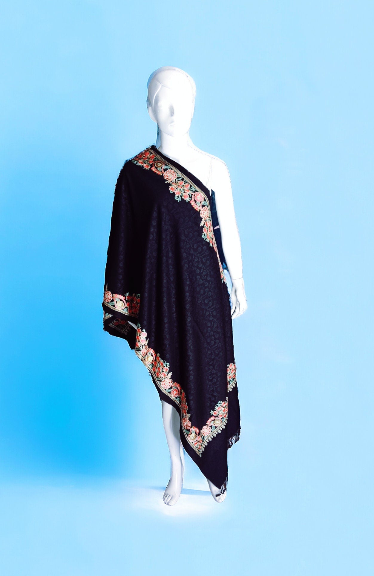 Black Floral Embroidered Kashmiri Shawl Scarf Vintage Neck Warmer Shoulder Warmer kashmiri Stole Bohemian Cottagecore Winter Outfit