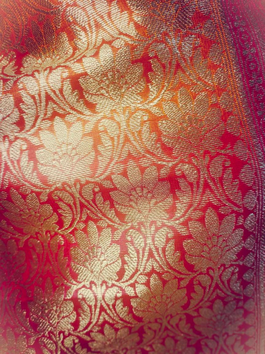 Orange Red Banarasi Silk Saree With Unstitched ( customised ) Silk Blouse Heavy Zari Work Perfect For Wedding Haldi Wear Gift for her