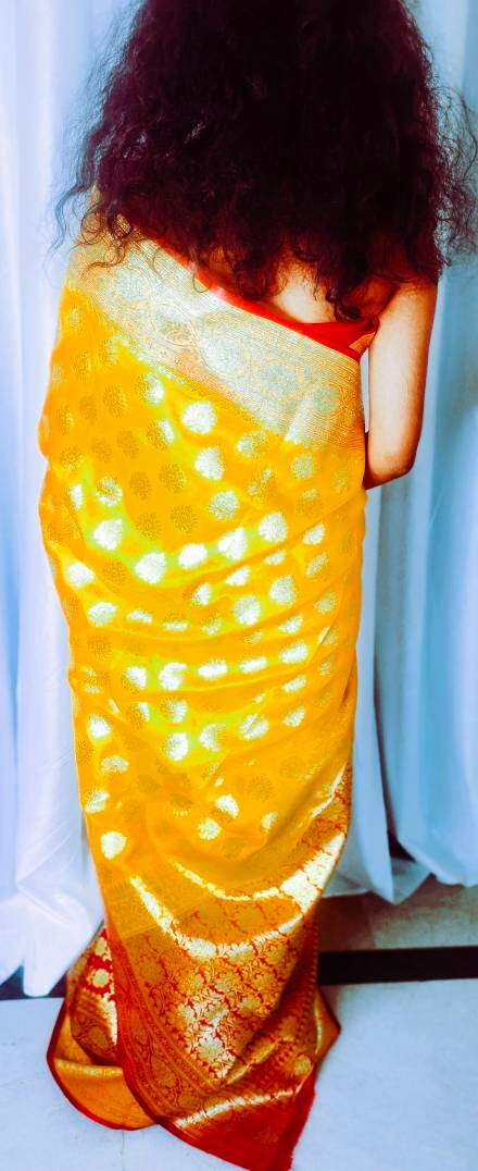 Orange Red Banarasi Silk Saree With Unstitched ( customised ) Silk Blouse Heavy Zari Work Perfect For Wedding Haldi Wear Gift for her