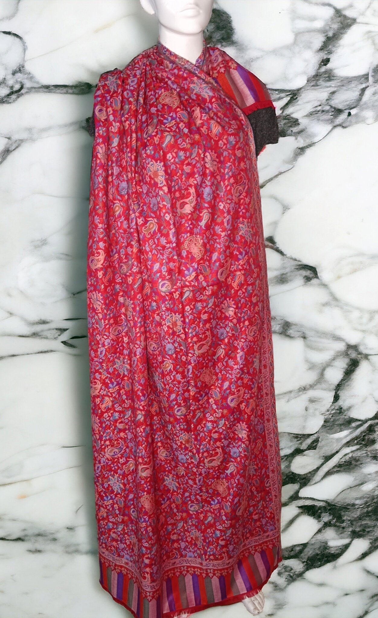 Red Pink 100% Cashmere Pashmina kani Weave Vintage Shawl/Scarf Neck Warmer Shoulder Warmer Travel Blanket Winter Luxurious Hand woven Shawl