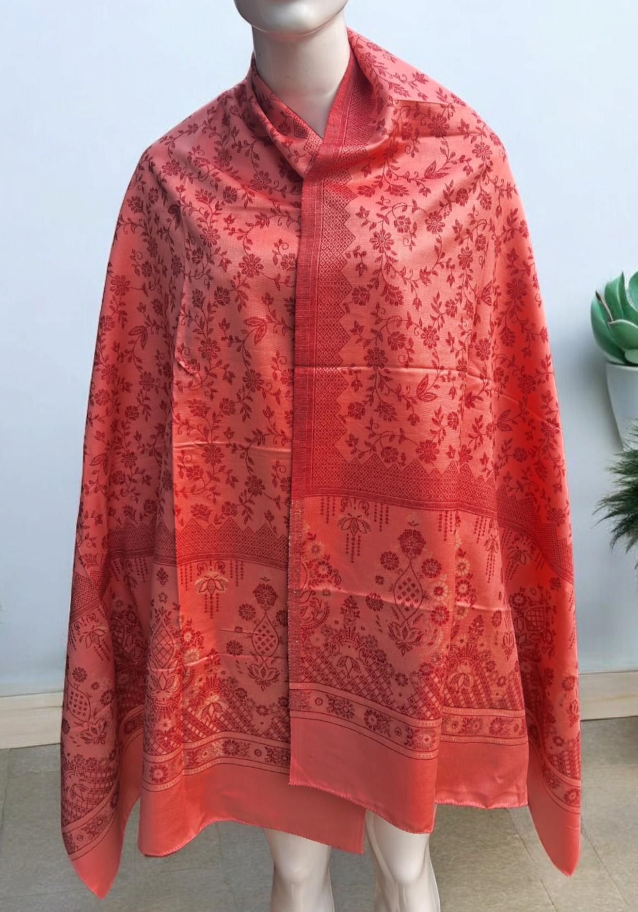 Peach Red Woollen Cashmere Blend Handcrafted Scarf/Shawl Floral Design Lightweight Warm Gift for her Embroidery All Over Indian Shawl/Scarf
