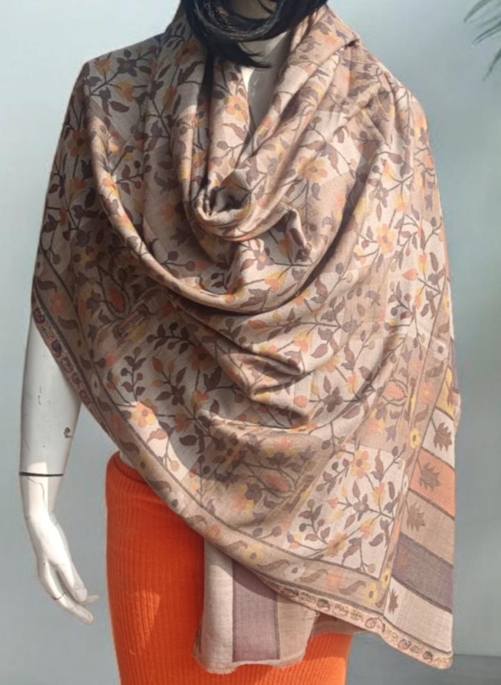100% Pure Cashmere Pure Pashmina Beige Fully Embroidered Using Silk Thread Floral Pattern Hand Woven Hand Work Woollen Thread Pattern Shawl