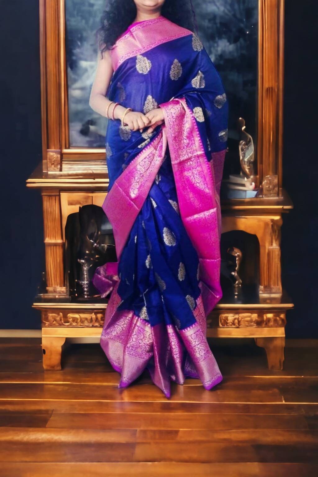 Blue Magenta Paper Silk Saree With Unstitched ( customised ) Banarsi Blouse Zari Work Thread Work Perfect For Wedding Party Gift for Her