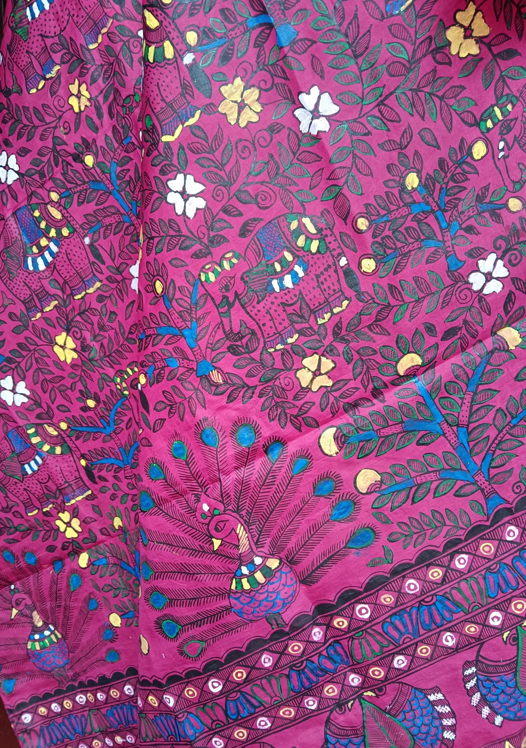 Dark Pink/Magenta Silk Hand-painted Madhubani Art Dupatta Featuring Peacock Elephant Fishes With Nature Forest Floral Designs Gift for her