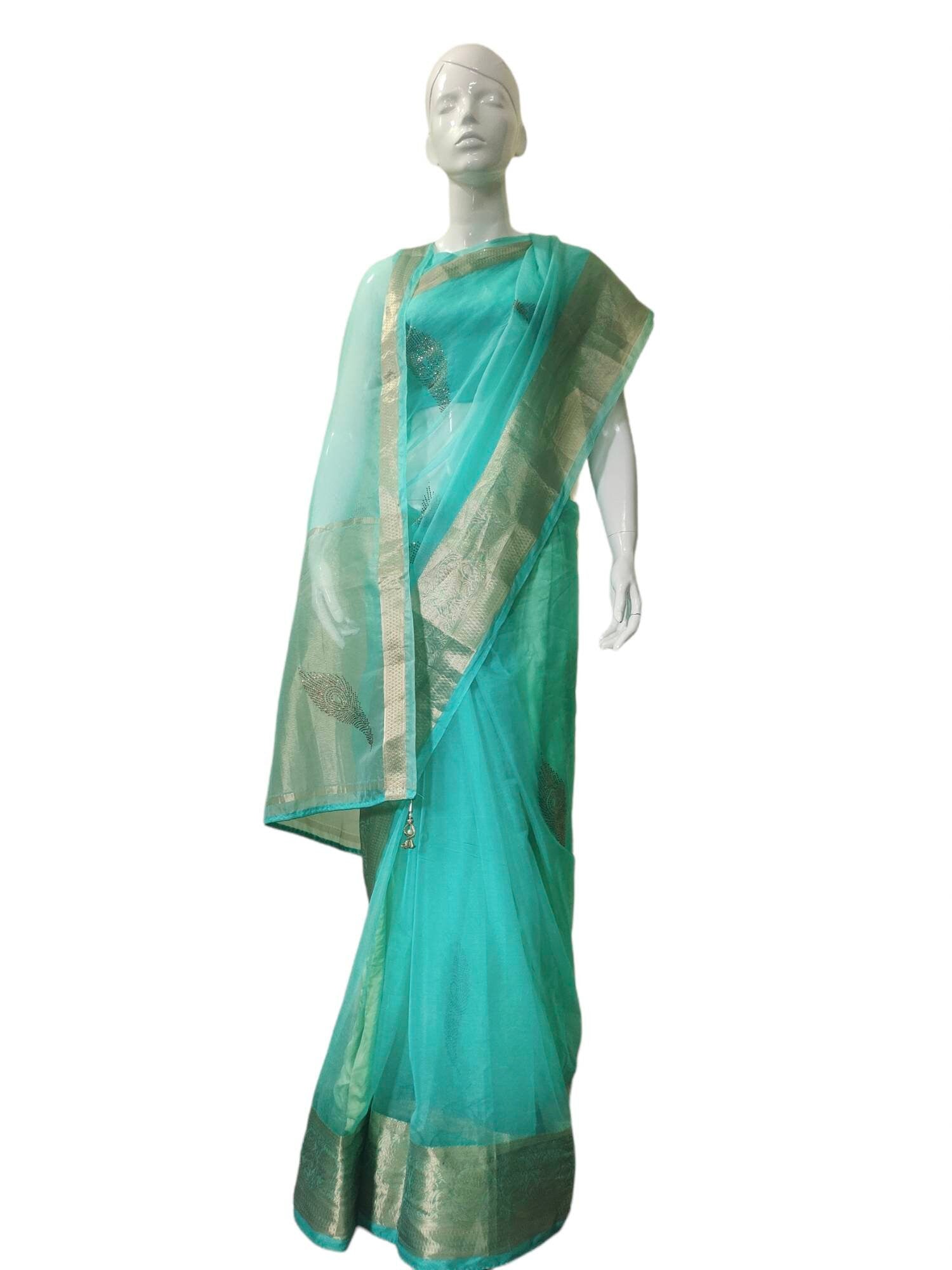 Sea green organza saree banarasi golden border golden sequence work satin blouse satin petticoat Bollywood festival designer Ethnic