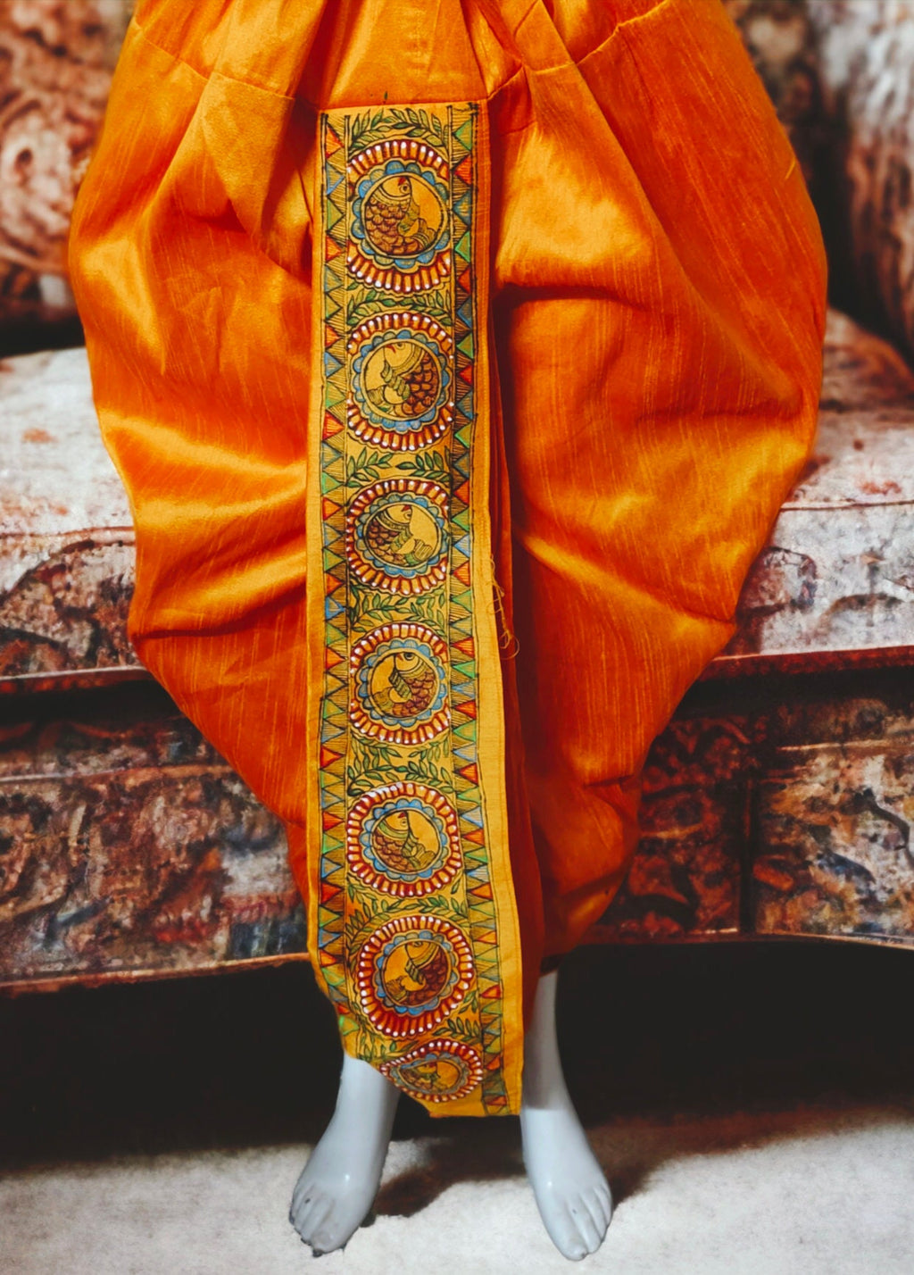 Orange Silk Handmade Madhubani Painted Traditional Dhoti Kurta For Men Bohemian Look Stitched Elastic Dhoti Stitched Kurta Wedding Wear