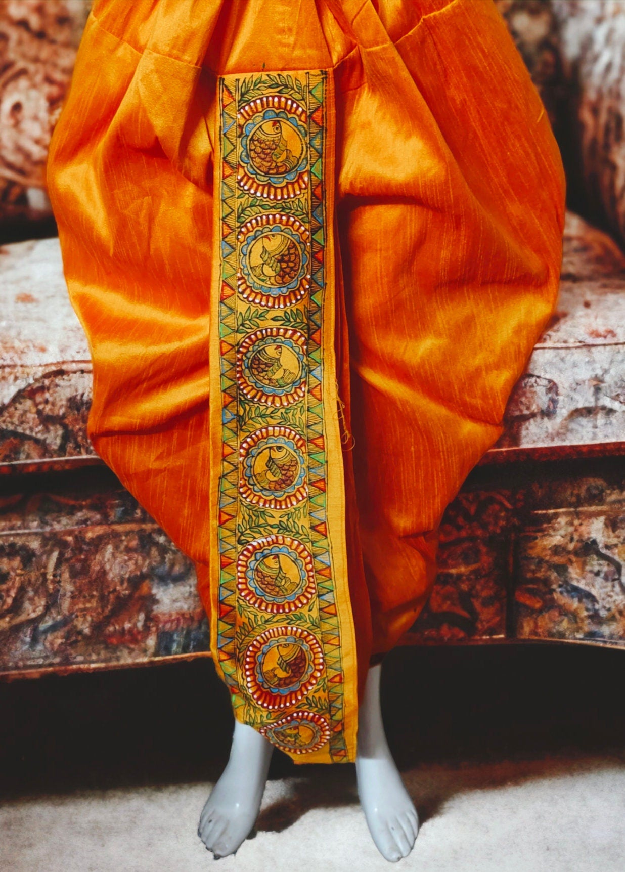 Orange Silk Handmade Madhubani Painted Traditional Dhoti Kurta For Men Bohemian Look Stitched Elastic Dhoti Stitched Kurta Wedding Wear