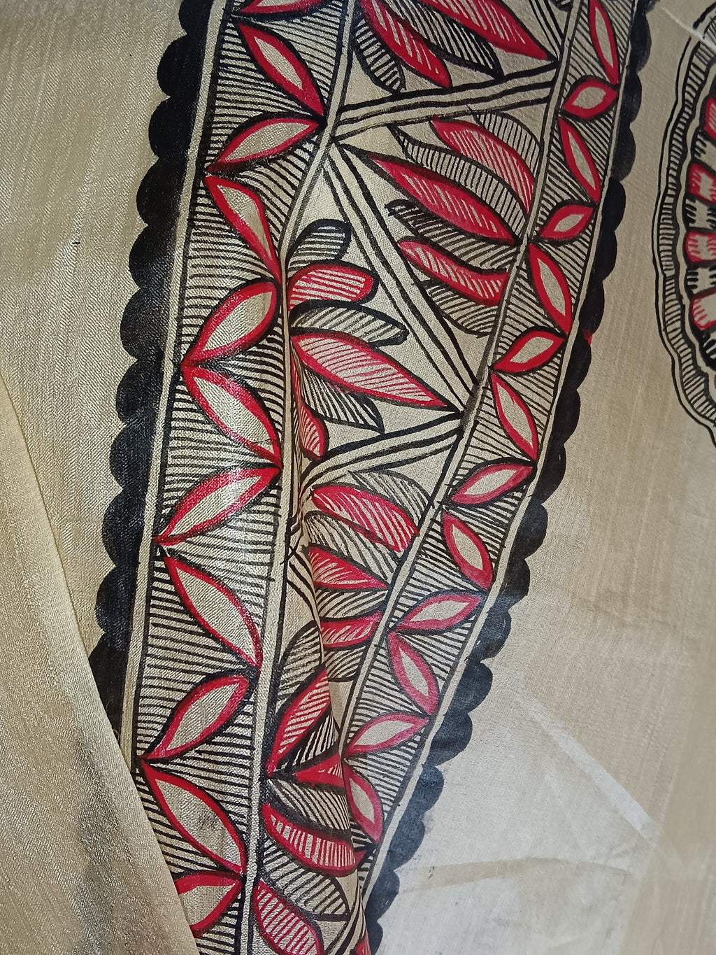 Beige 100% Silk Hand Painted Madhubani Art Featuring Ionic Shri Ram Sita Swayamvar And Sun Lotus Design Duppata Vintage Luxurious Designer