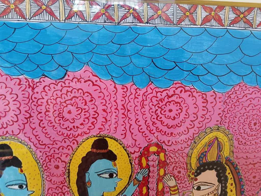 Handmade Madhubani Painting of Lord Ram and Sita Swayamvar Traditional Indian Folk Art Vibrant Cultural Wall Décor Framed Orginal Artwork
