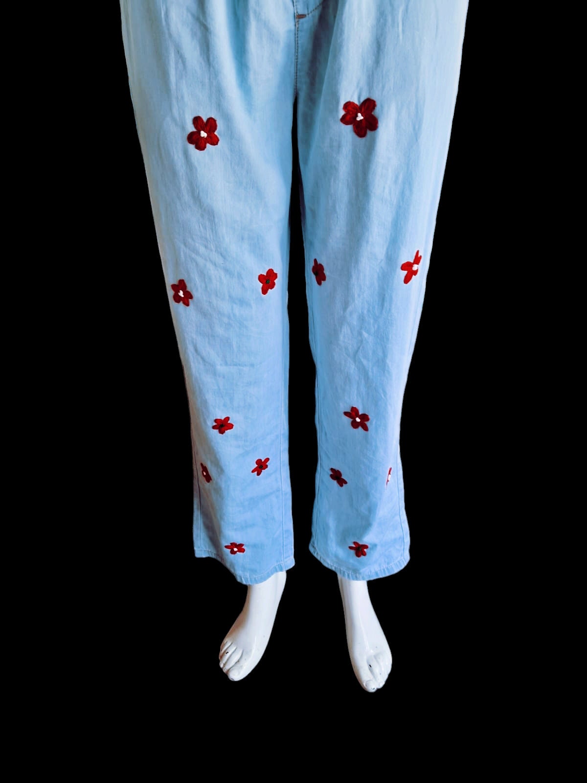 100 % Cotton Floral Handmade Modest Light Blue Jeans Jogger Comfy Bottom Embroidered Red Floral Pant Flower Design Colourful Elastic Stretch