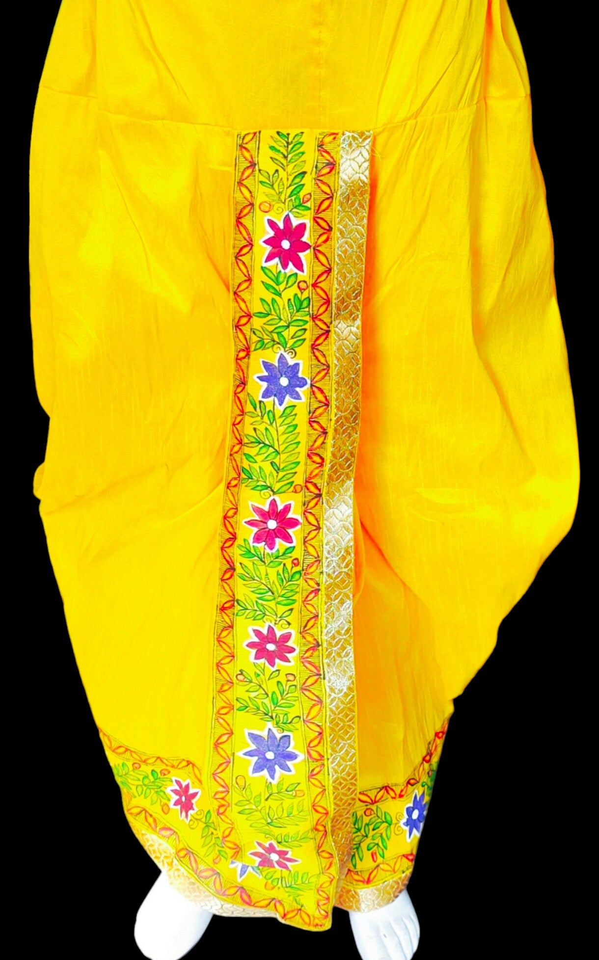 Yellow Silk Handmade Madhubani Mithila Painted Traditional Dhoti Kurta For Men Bohemian Look Stitched Elastic Dhoti Stitched Kurta Wedding
