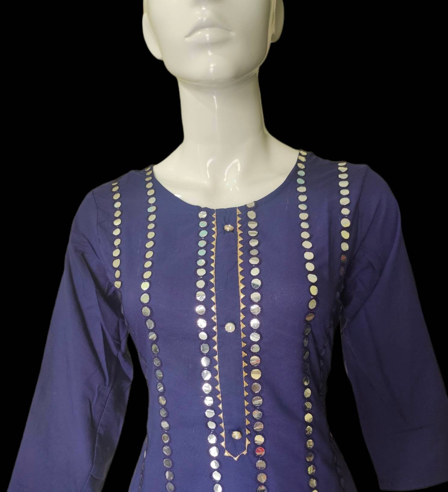 Blue/Navy Blue Cotton Rayon Mirror Work Salwar Kameez Sharara Suit Chiffon Dupatta Bollywood Pakistani Bohemian Wedding Festive Diwali Puja