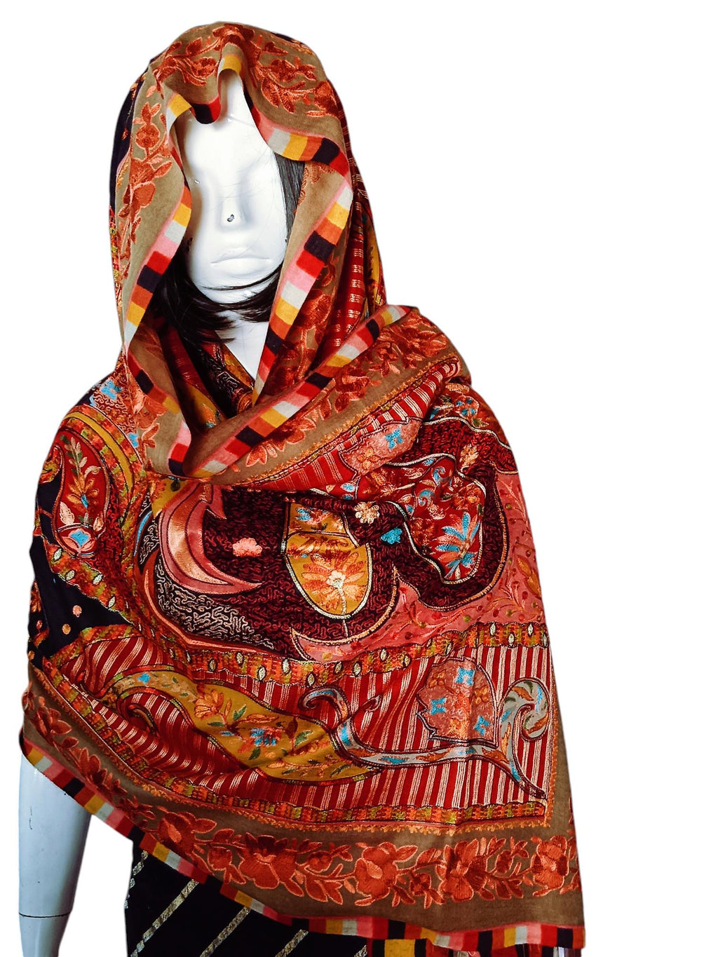 100% Pure Cashmere Pure Pashmina Heavily Embroidered Using Silk Thread Golden Zardozi Work Hand Woven Hand Work Tie Dye Pattern Black Shawl