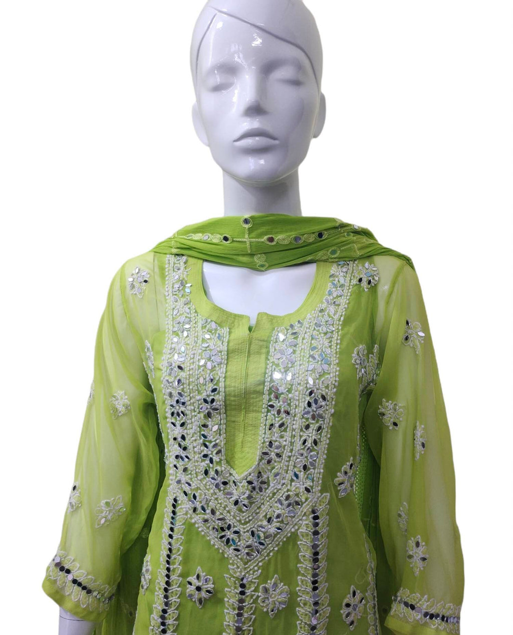 Neon green salwar kameez suit Chiffon chikankari glass work party wear festivals white thread work mirror work