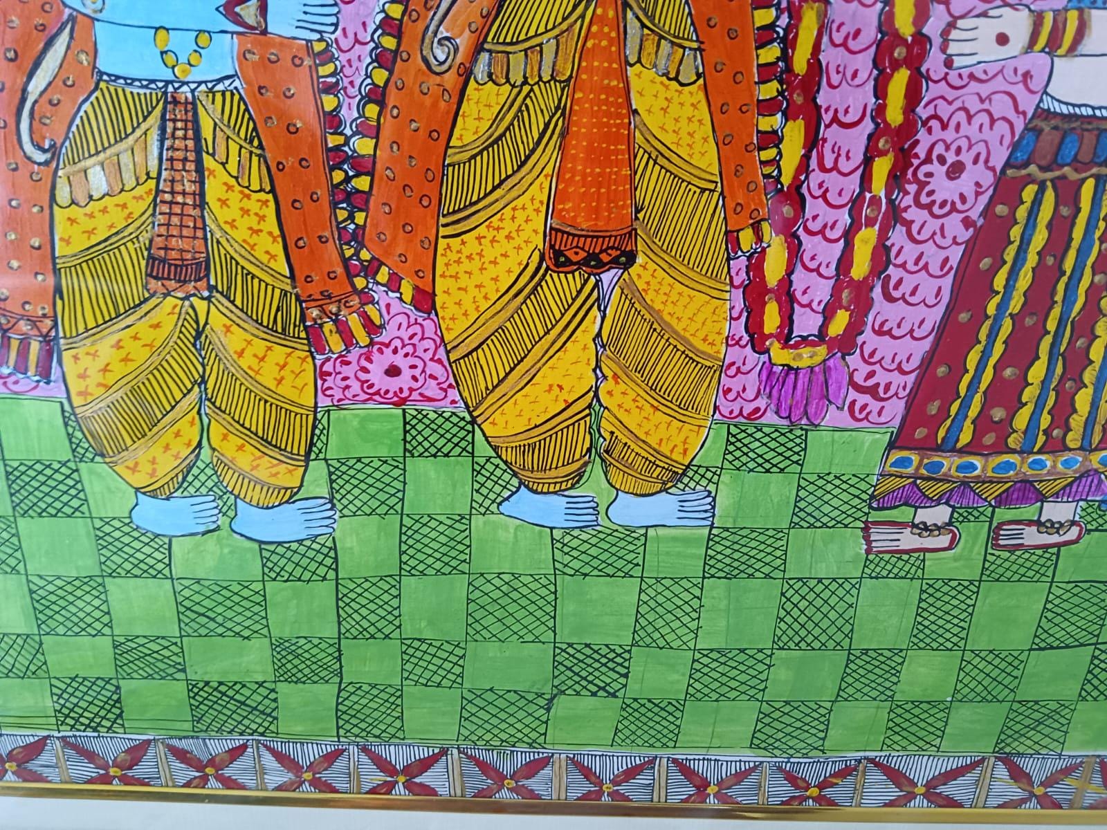 Handmade Madhubani Painting of Lord Ram and Sita Swayamvar Traditional Indian Folk Art Vibrant Cultural Wall Décor Framed Orginal Artwork
