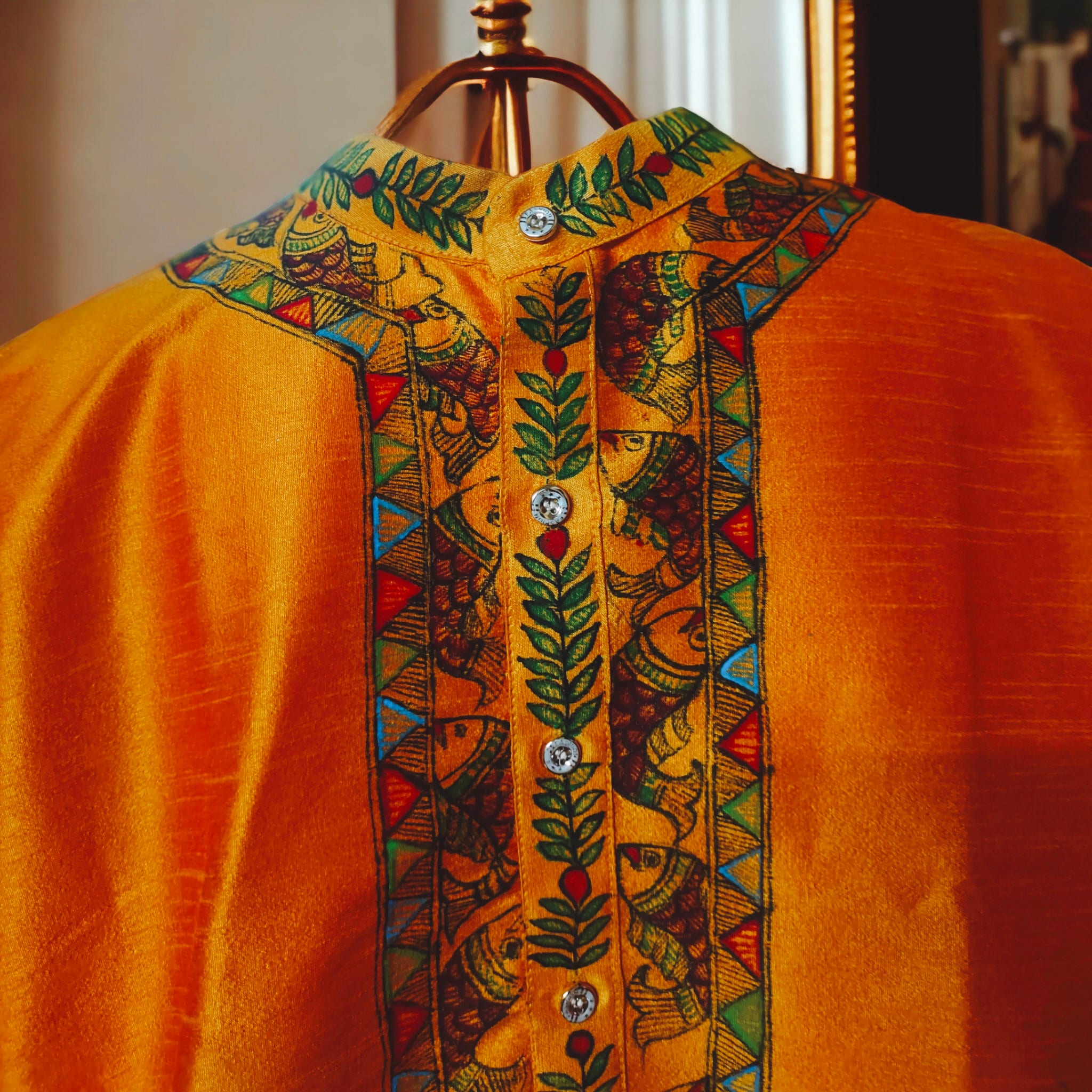 Orange Silk Handmade Madhubani Painted Traditional Dhoti Kurta For Men Bohemian Look Stitched Elastic Dhoti Stitched Kurta Wedding Wear