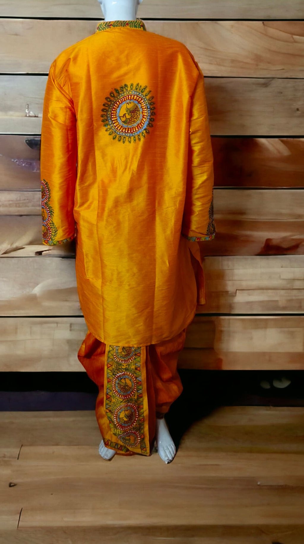 Orange Silk Handmade Madhubani Painted Traditional Dhoti Kurta For Men Bohemian Look Stitched Elastic Dhoti Stitched Kurta Wedding Wear