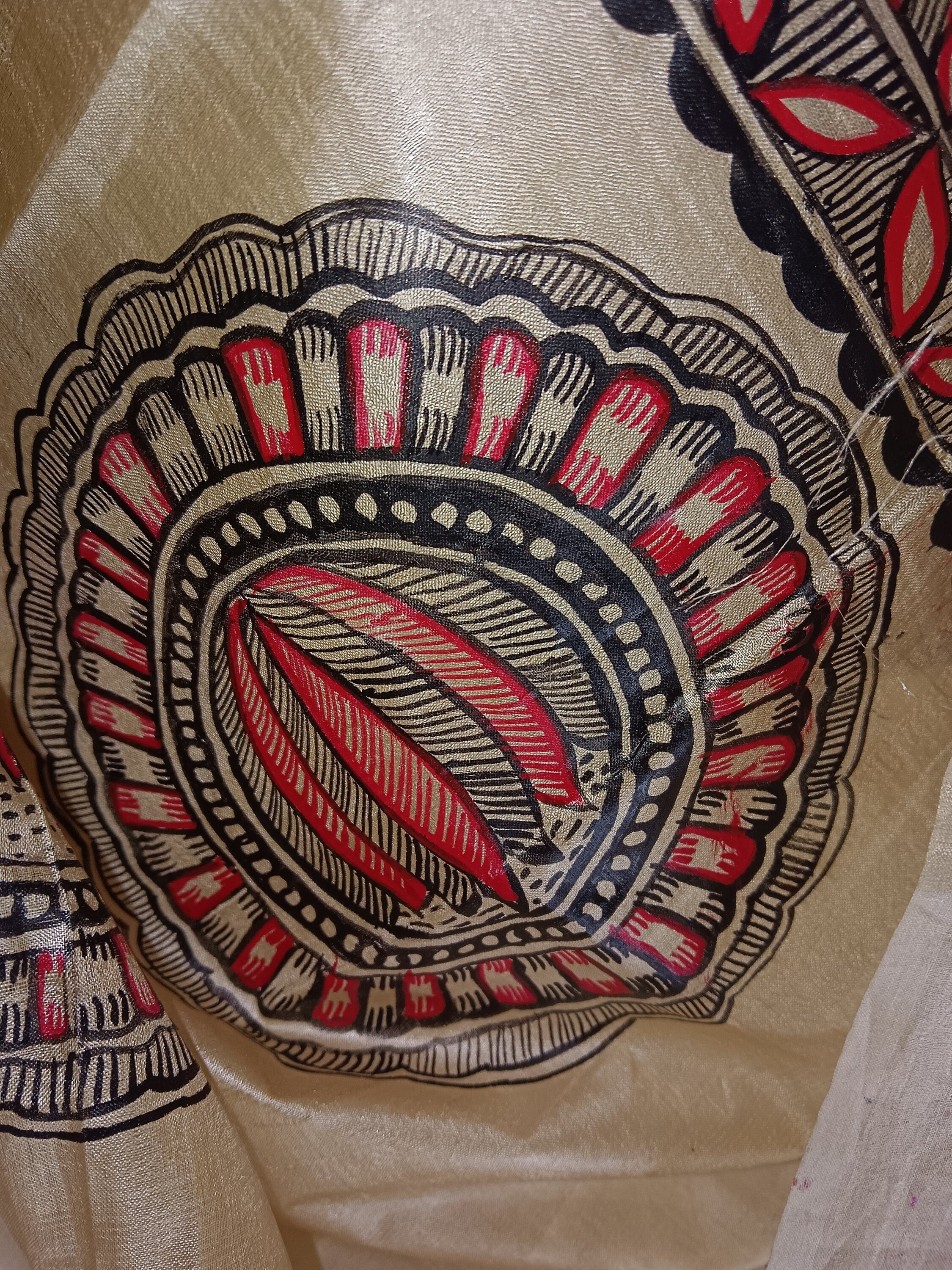 Beige 100% Silk Hand Painted Madhubani Art Featuring Ionic Shri Ram Sita Swayamvar And Sun Lotus Design Duppata Vintage Luxurious Designer