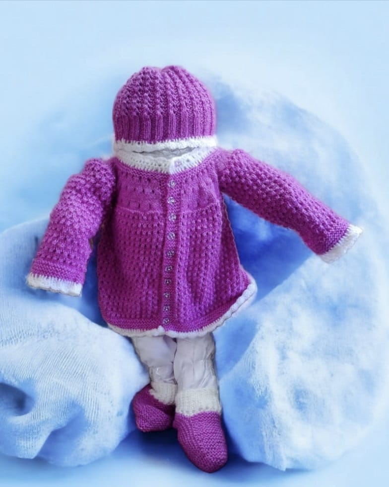 Baby Girls and Baby Boys Lavender White Casual Handmade Woollen Buttoned Sweter, Cap/Beanies And Shoes Winter Outfit Comfortable Sweater