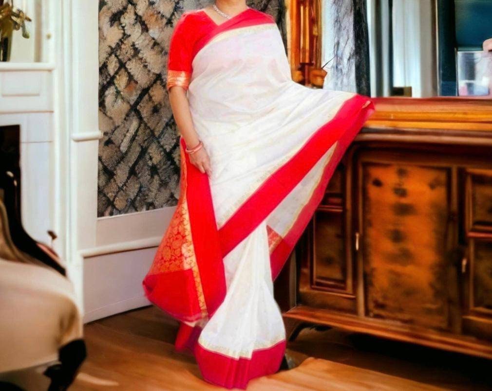 Off White Red Kanjeevaram Silk Saree Unstitched Red Silk Blouse Bollywood Daily Wear Party Wear Bengali Bohemian Vintage Sleek Relaxed Glam